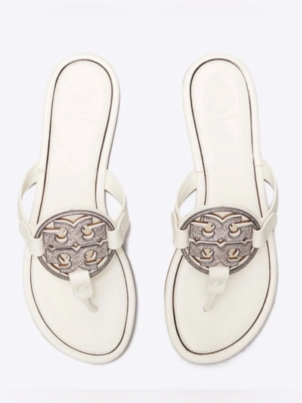 Tory Burch Ivory & Silver Metal Crystal Embellished Miller Sandals